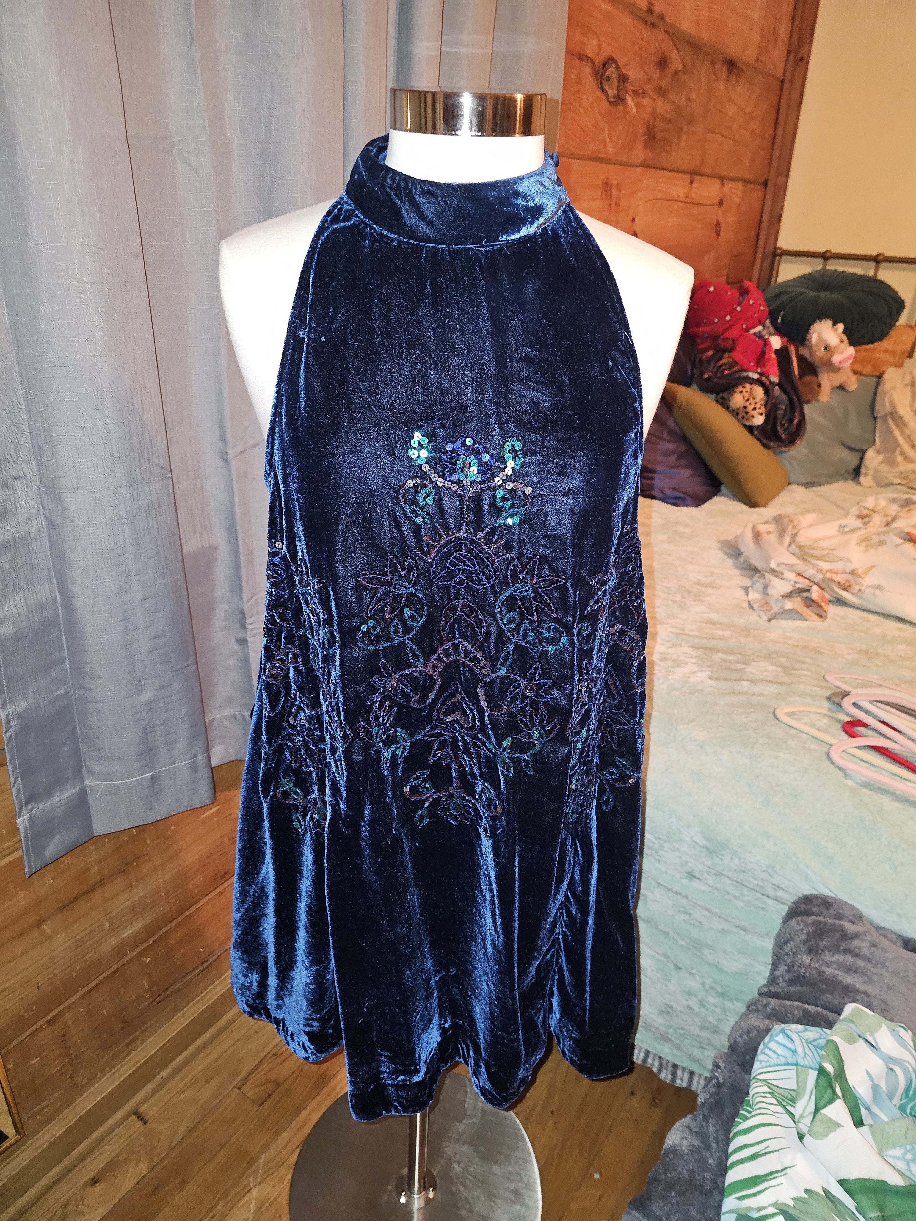 Free People Navy Blue Velvet Embroidered Mini Dress